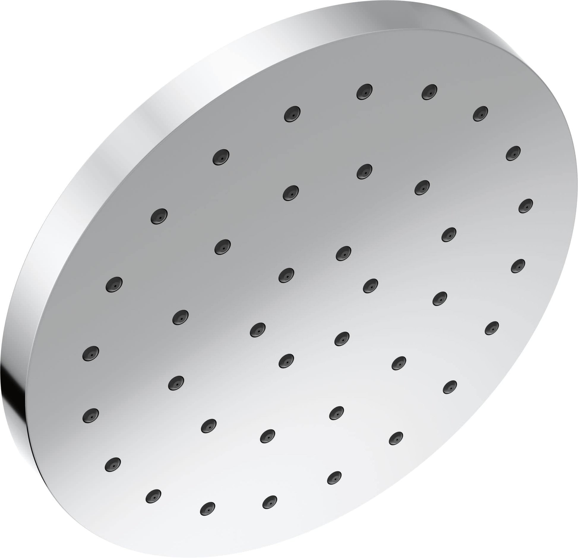Chrome finish round shower head with multiple spray nozzles arranged in rows across the face.