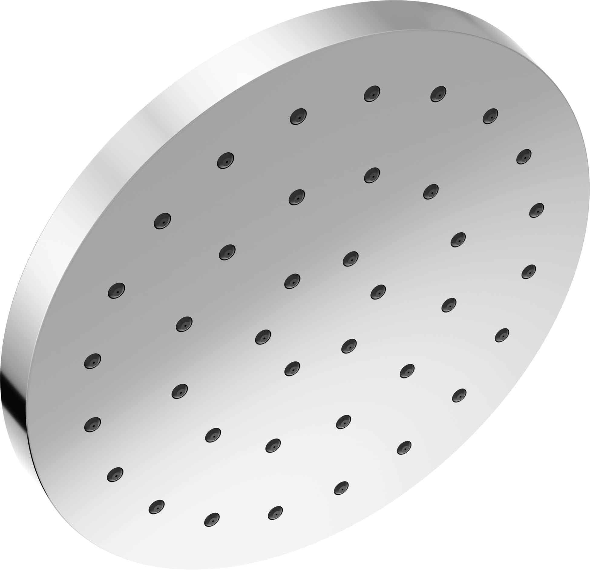 Chrome finish round shower head with multiple spray nozzles arranged in rows across the face.