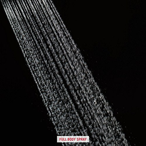 Chrome raincan showerhead with full body spray water pattern against black background.