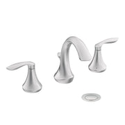 Chrome widespread bathroom sink faucet with two handles, high arc spout, and matching escutcheon plate.