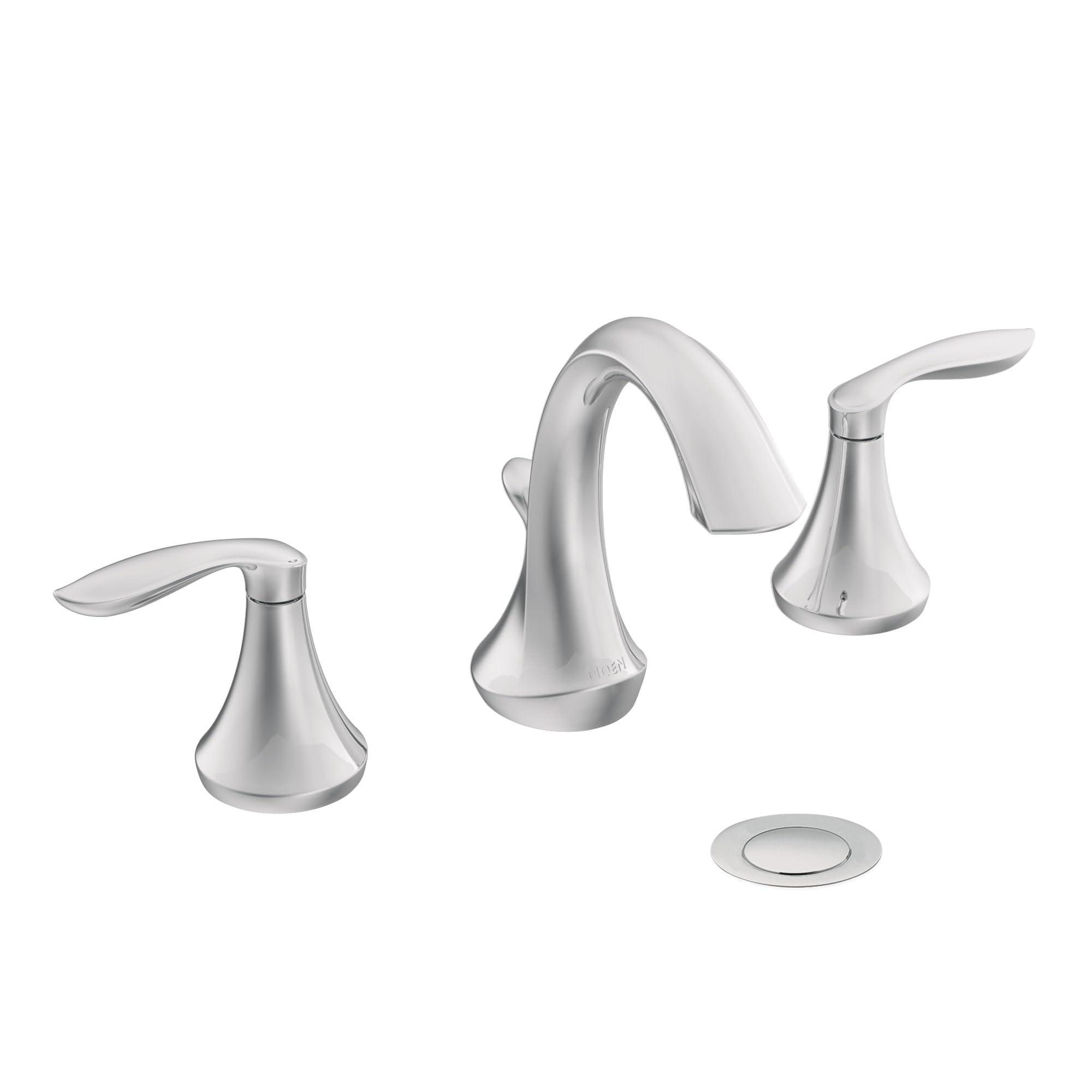 Chrome widespread bathroom sink faucet with two handles, high arc spout, and matching escutcheon plate.