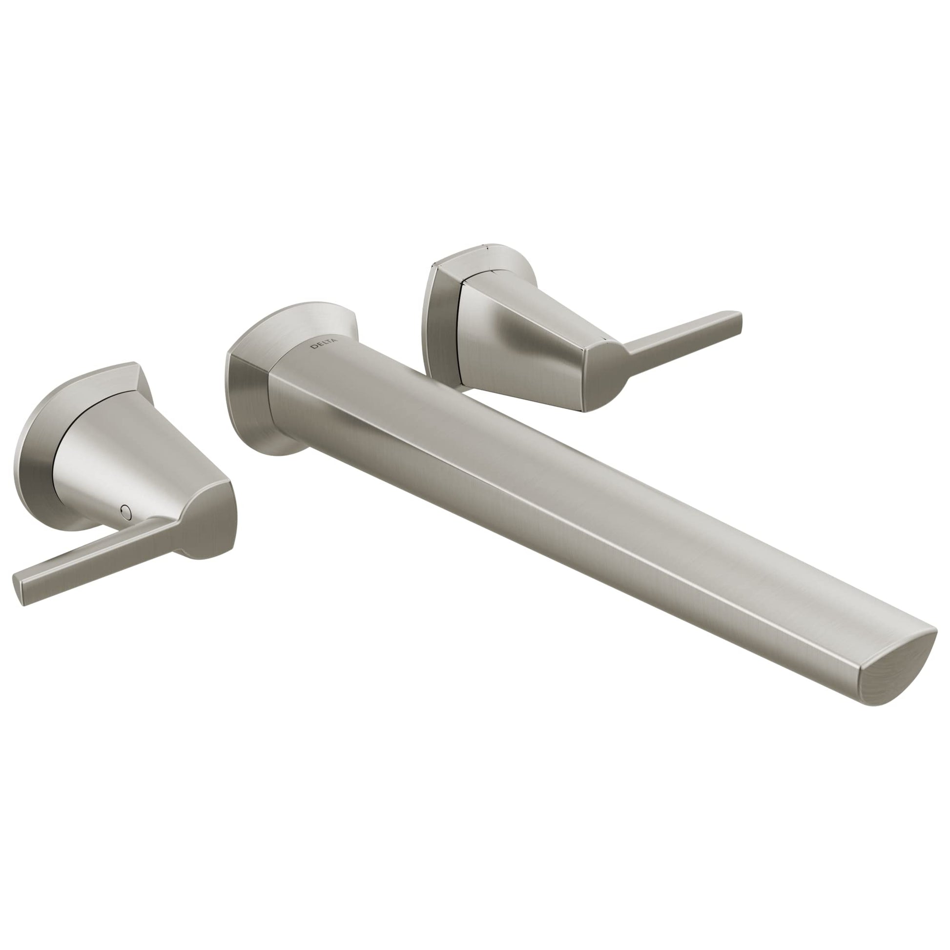 Brushed nickel wall-mounted tub filler with long spout and two lever handles.
