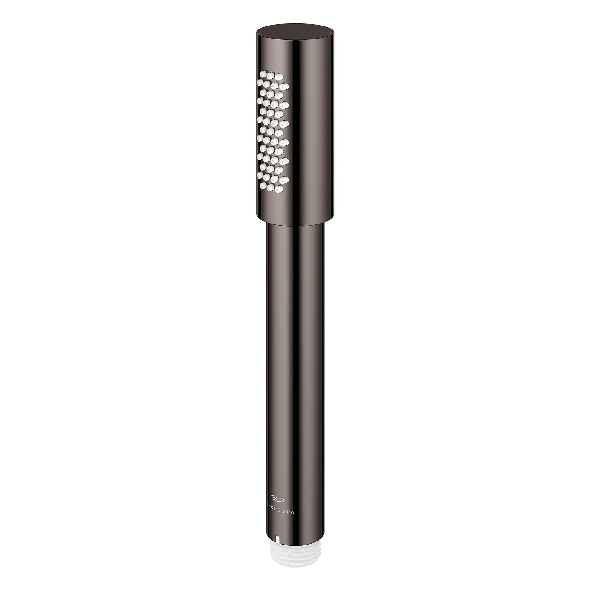 Cylindrical hand shower with hard graphite finish and perforated spray head mounted on elongated stick handle.