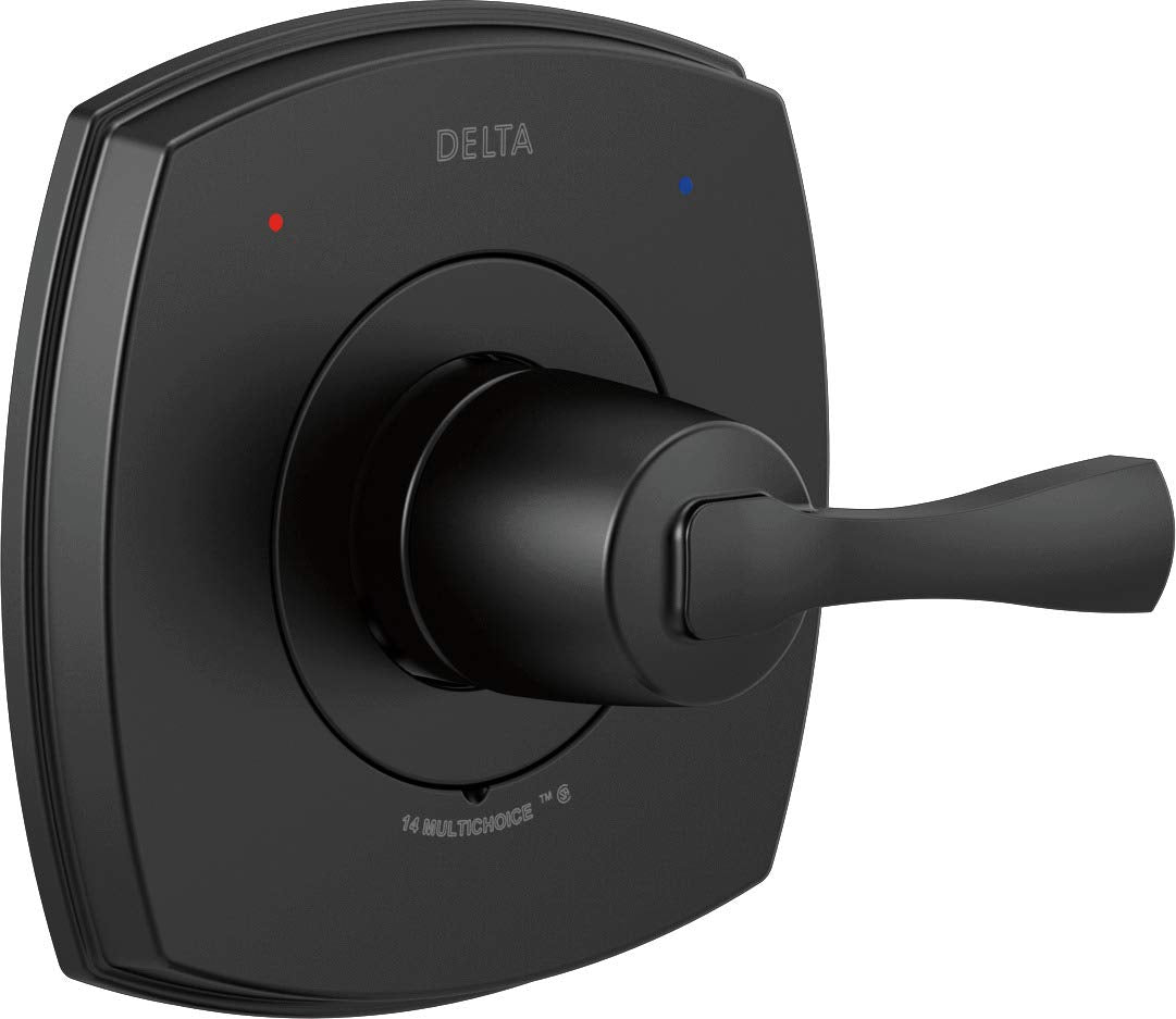 Black Delta Stryke valve with lever handle, square trim plate, and temperature indicator dots.