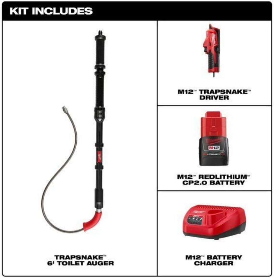 Milwaukee M12 TRAPSNAKE toilet auger with driver, battery, and charger included in kit.