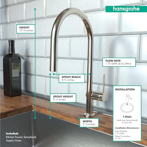 Polished nickel high-arc kitchen faucet with pull-down spray head installed on wooden countertop against white subway tile ba
