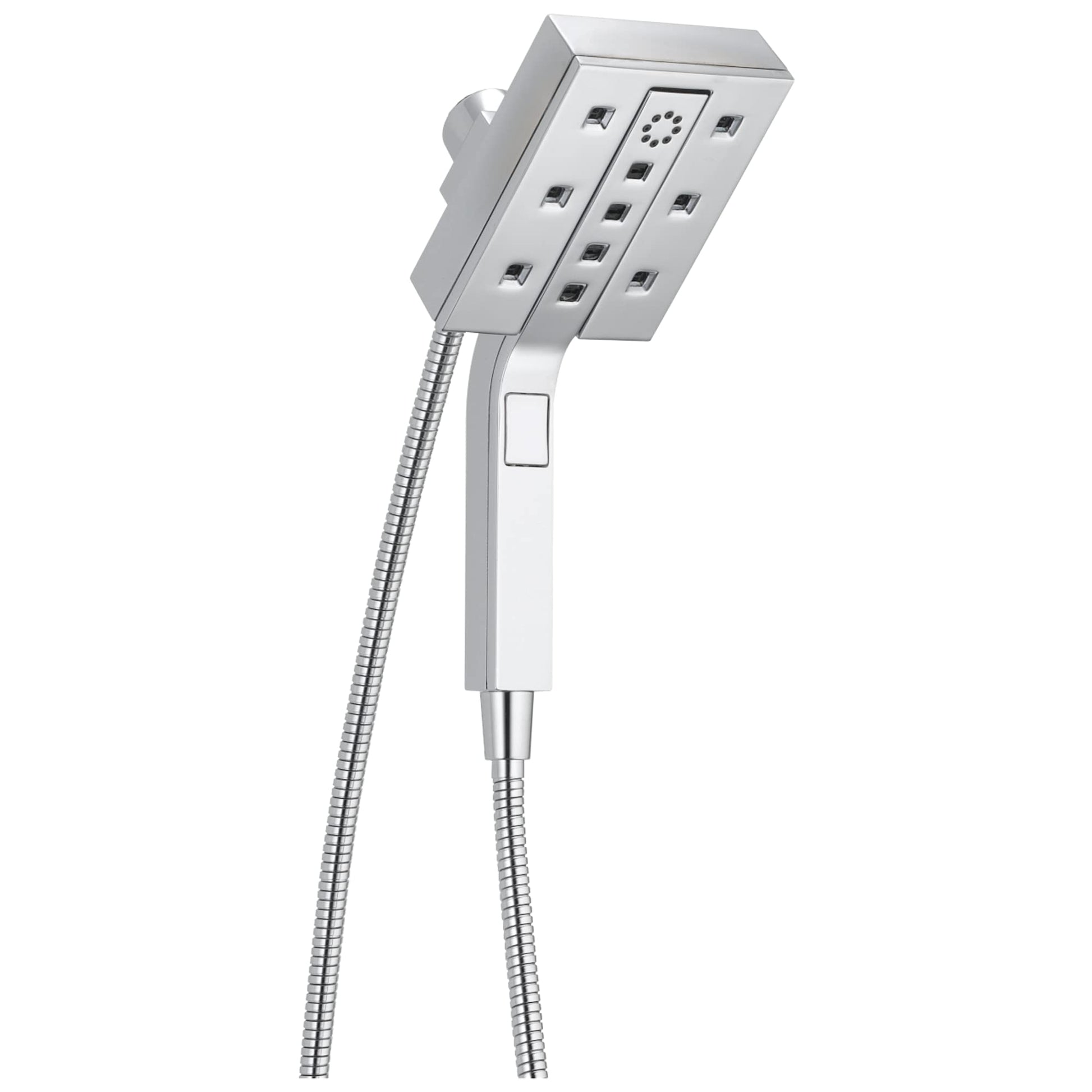 Square chrome shower head with multiple jets and separate handheld wand connected by flexible hose.