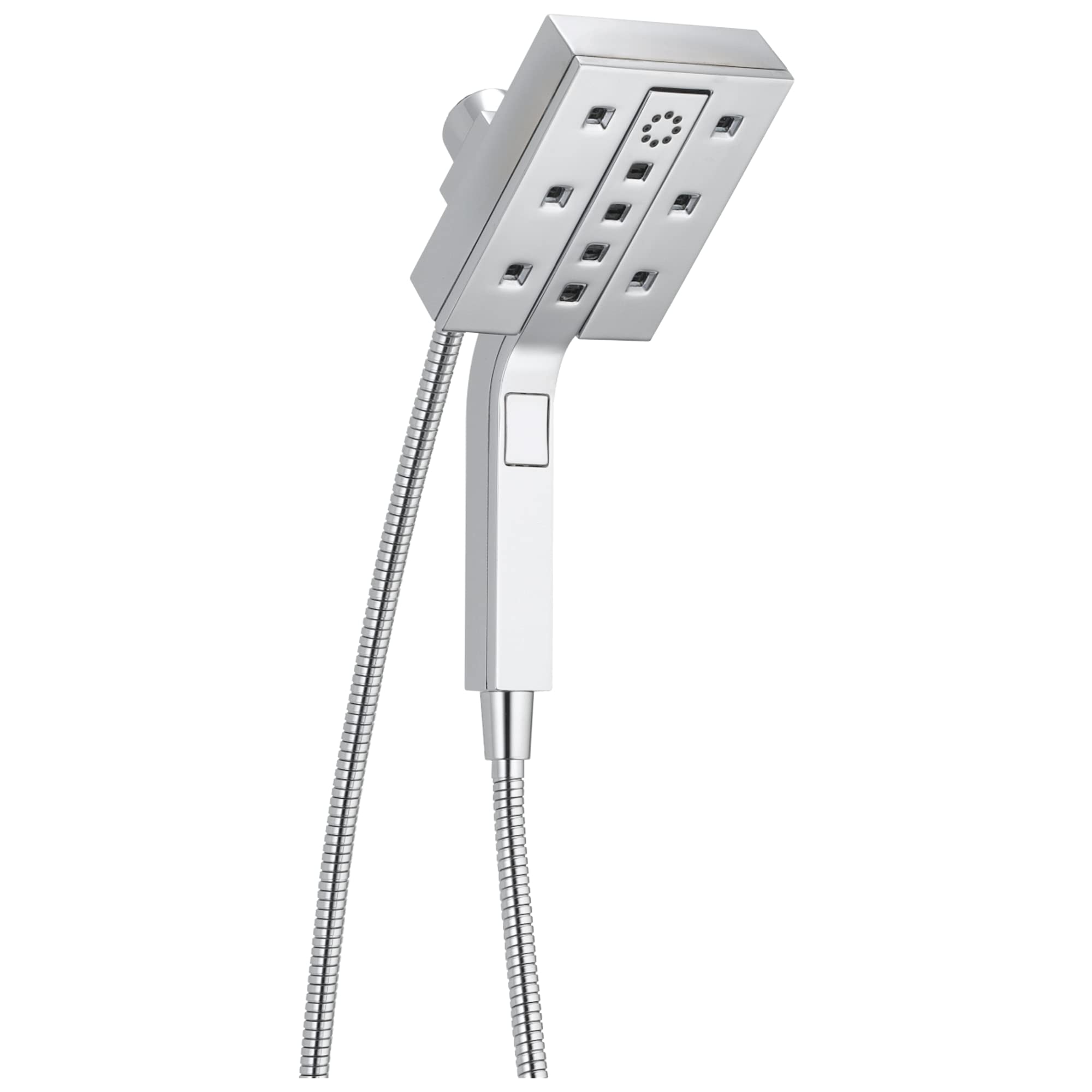 Square chrome shower head with multiple jets and separate handheld wand connected by flexible hose.
