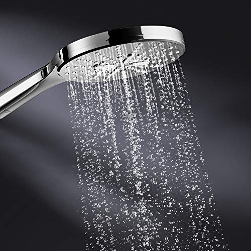 Chrome hand shower with round head and attached arm, water streaming downward in multiple spray patterns.