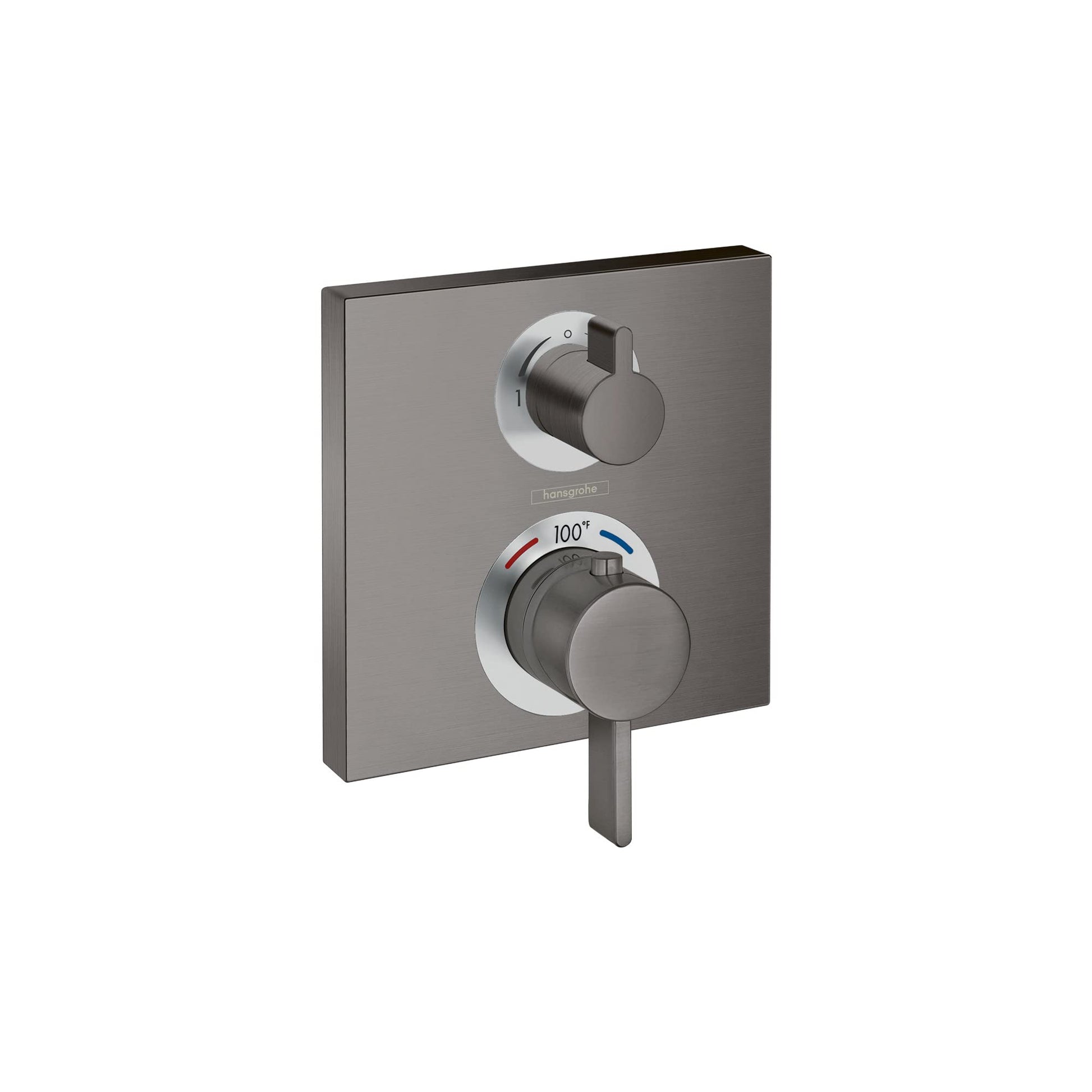 Square brushed black chrome thermostatic valve trim with upper diverter control and lower temperature dial marked to 100 degr
