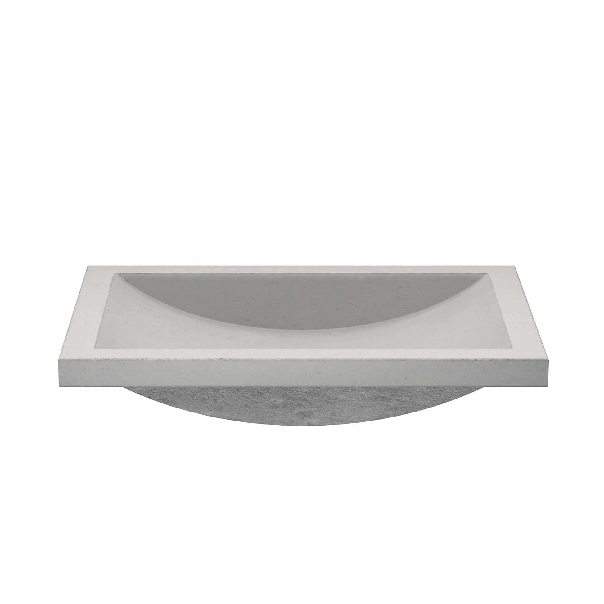 Ash-colored concrete undermount bathroom sink with curved basin and rectangular rim, shown from above at an angle.