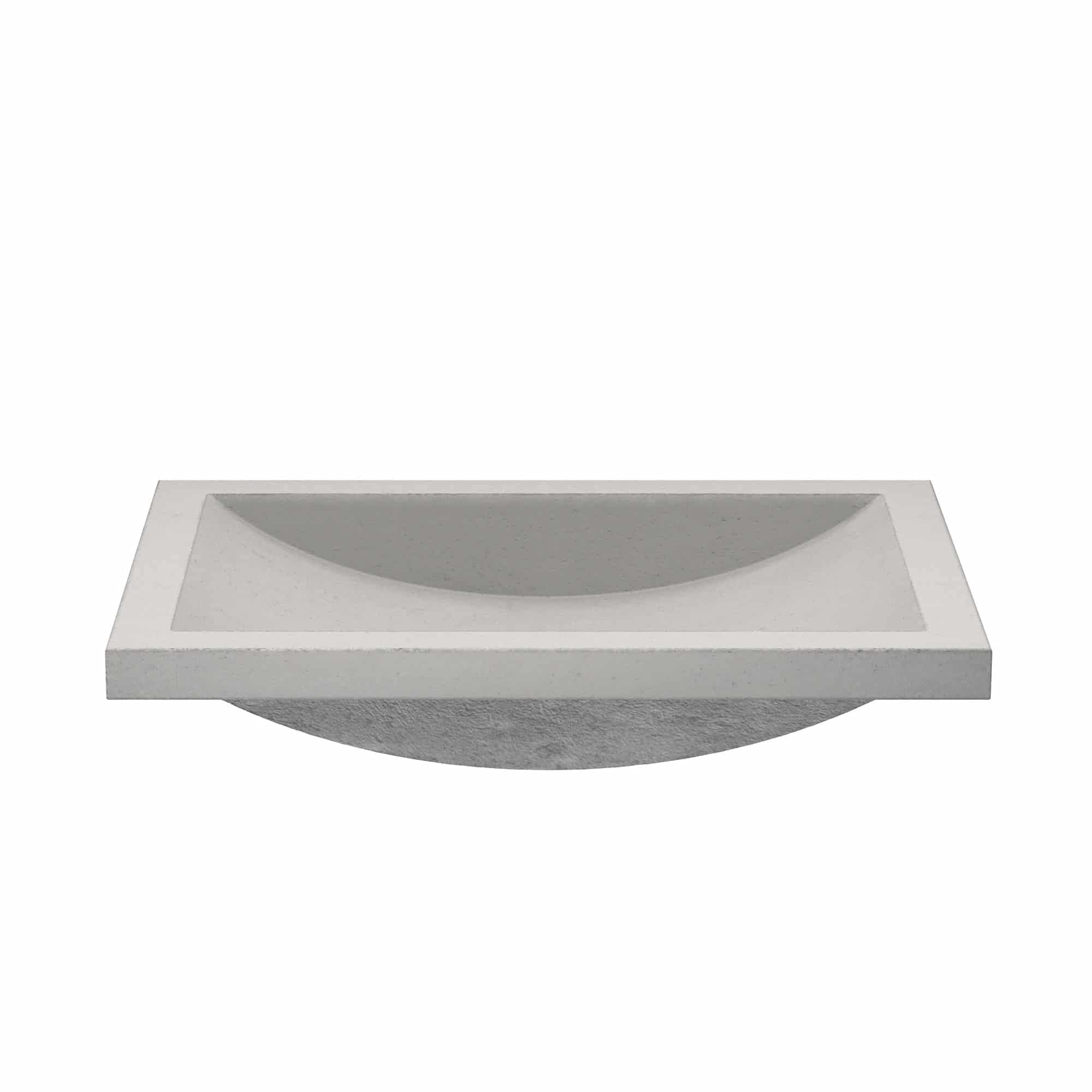 Ash-colored concrete undermount bathroom sink with curved basin and rectangular rim, shown from above at an angle.