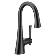 Matte black pulldown bar faucet with curved spout and single handle lever.