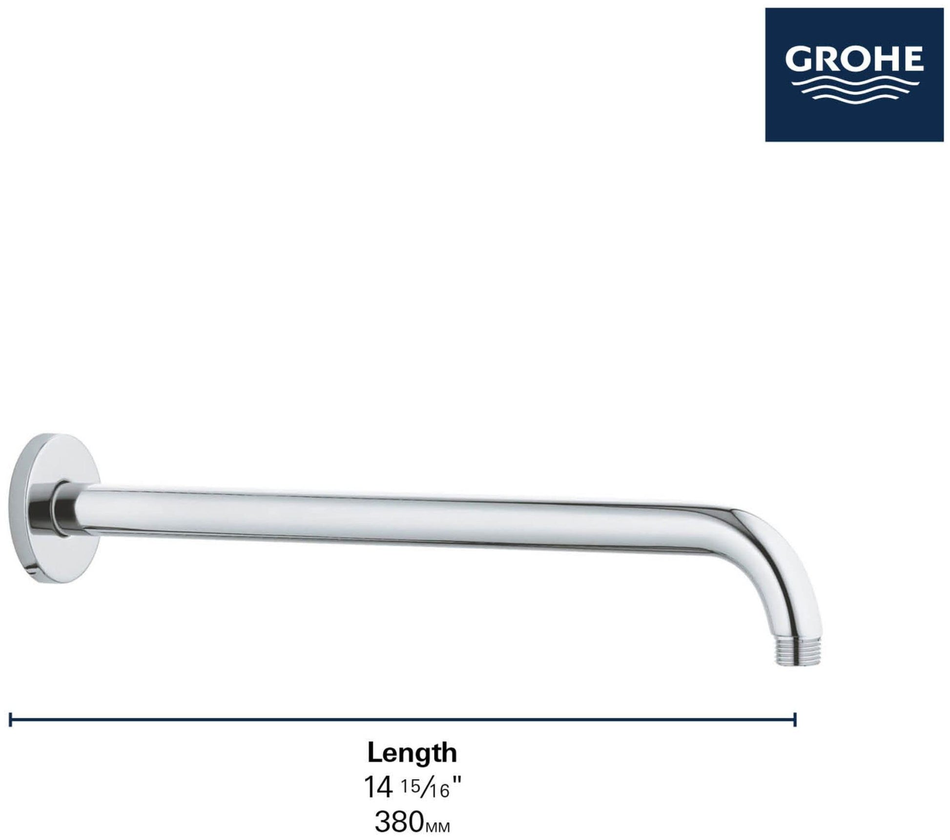 Grohe Rainshower 15" shower arm in hard graphite with circular wall flange and angled end connection.