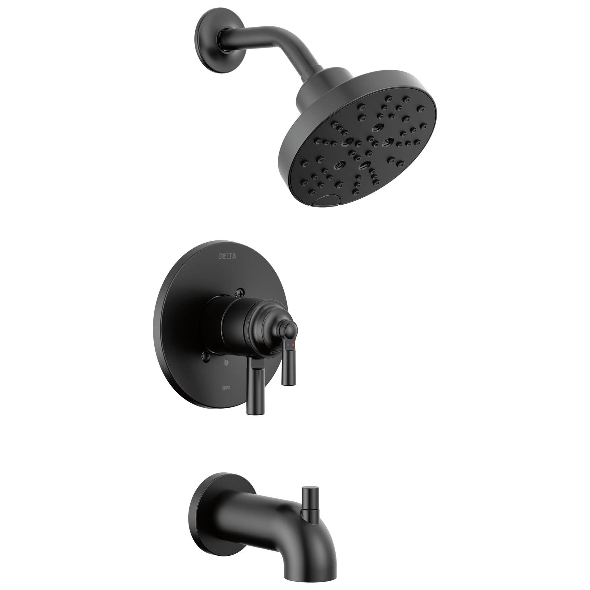 Matte black tub and shower trim with round showerhead, wall-mounted valve, and tub spout.