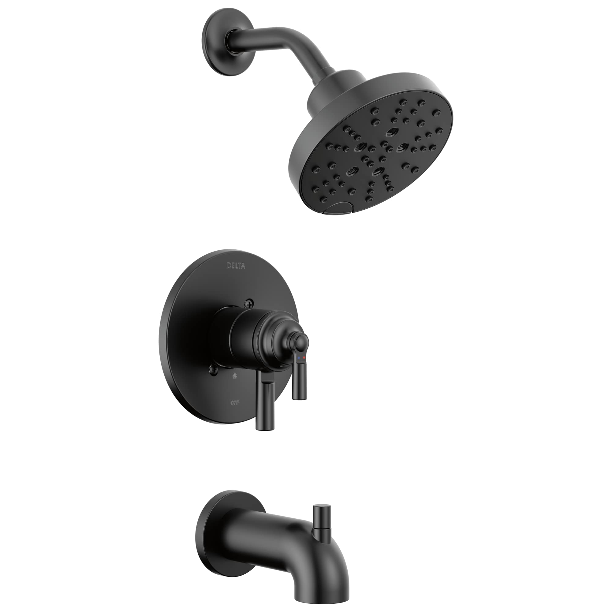 Matte black tub and shower trim with round showerhead, wall-mounted valve, and tub spout.