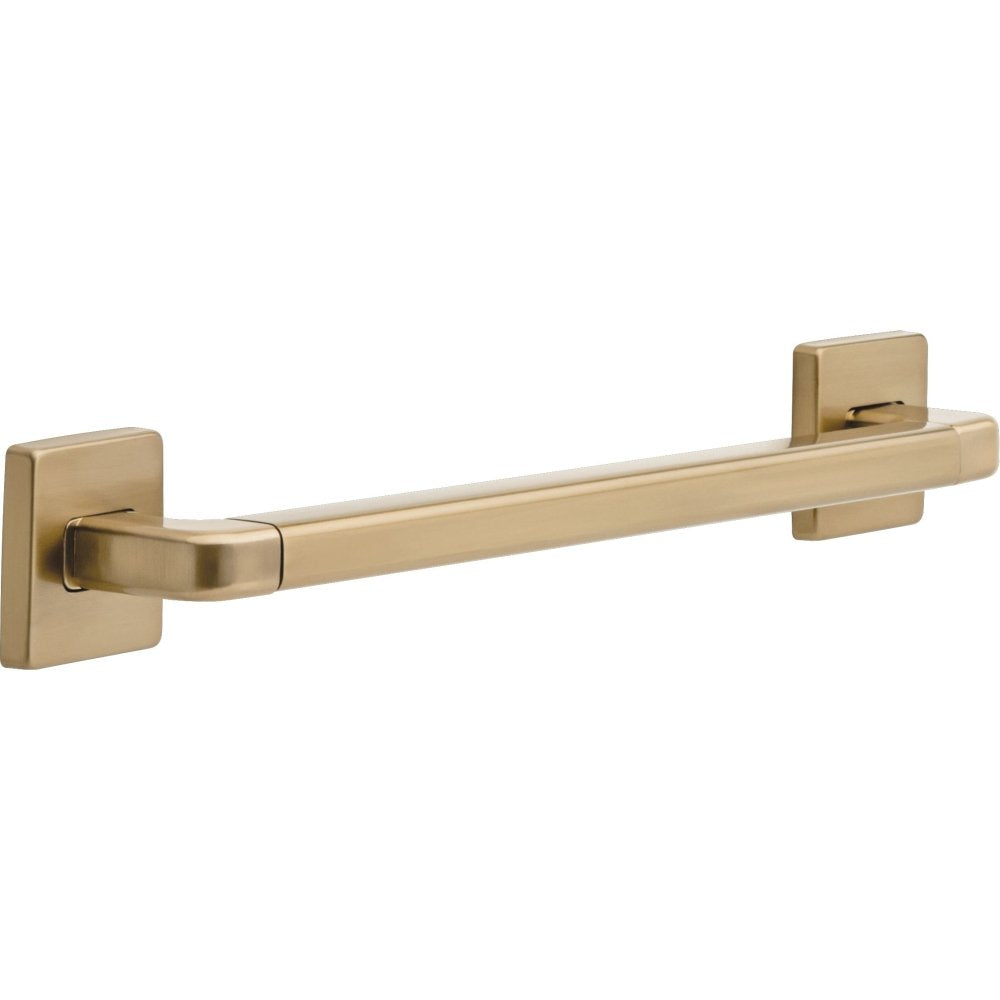 Brushed gold angled grab bar with square mounting plates on white background.