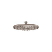 Brushed nickel round shower head with spray holes and ceiling mount connector.