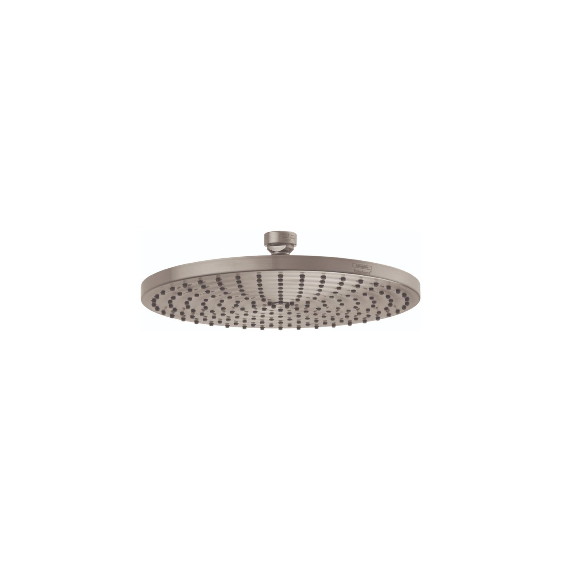 Brushed nickel round shower head with spray holes and ceiling mount connector.