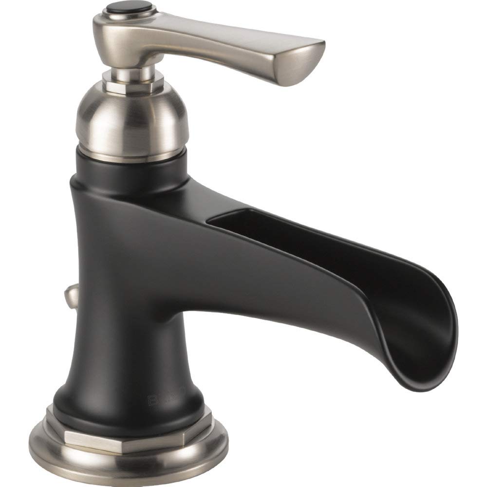 Single-handle bathroom faucet with brushed nickel and matte black finish, featuring a curved channel spout and round base.