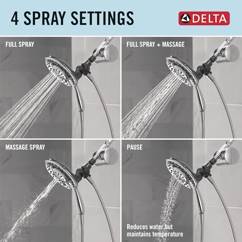 Chrome dual showerhead with four spray settings: full spray, full spray plus massage, massage spray, and pause.
