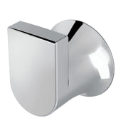 Chrome wall-mounted robe hook with curved cylindrical hook and rectangular mounting plate.