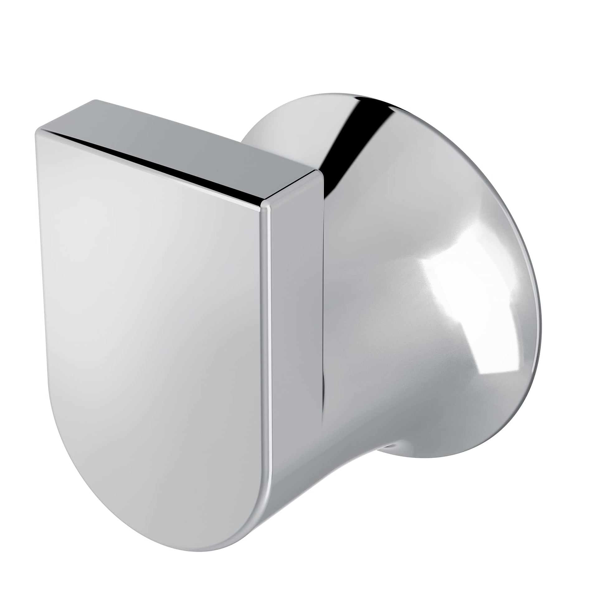 Chrome wall-mounted robe hook with curved cylindrical hook and rectangular mounting plate.