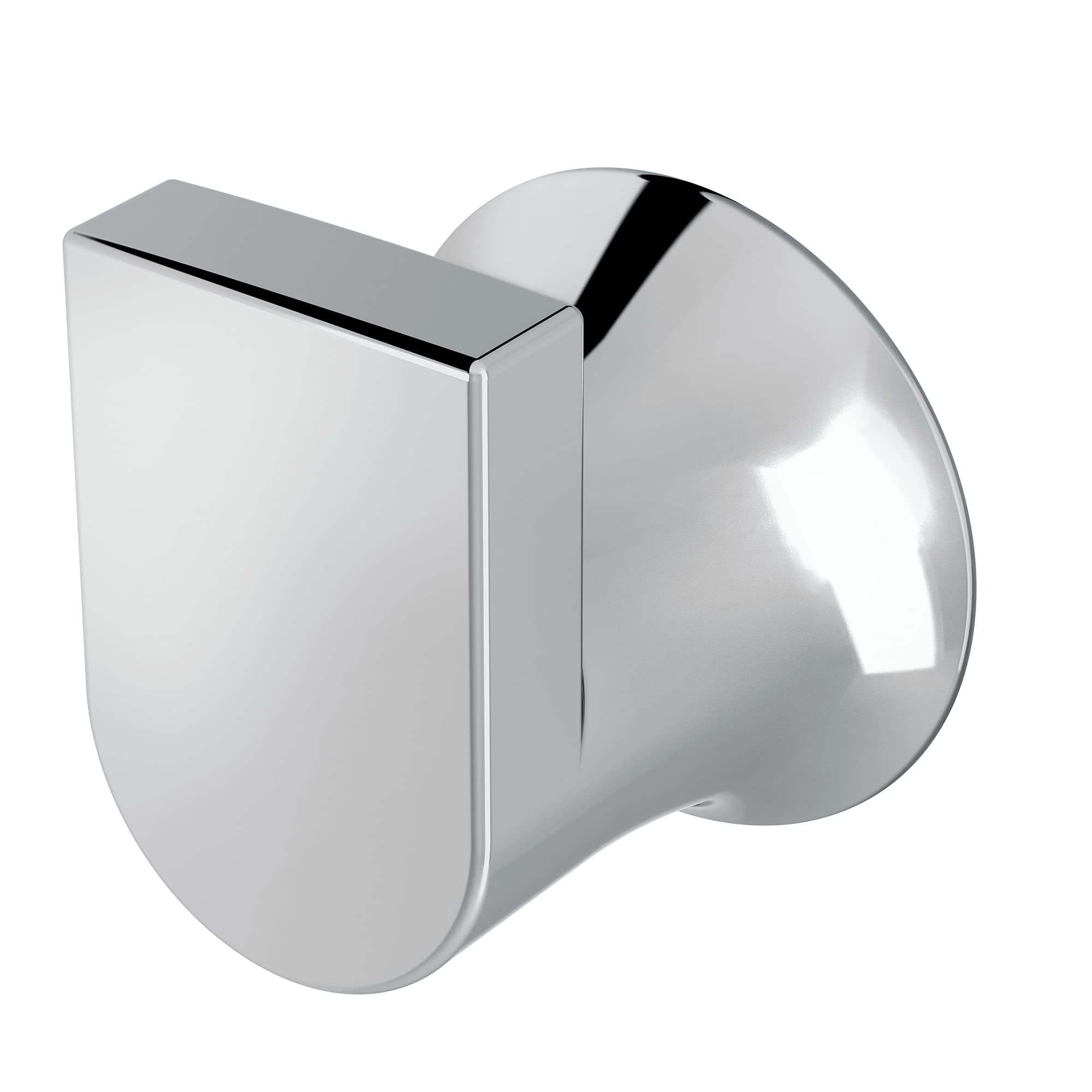 Chrome wall-mounted robe hook with curved cylindrical hook and rectangular mounting plate.