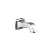 Chrome tub spout with curved curved design and rectangular wall mount flange.