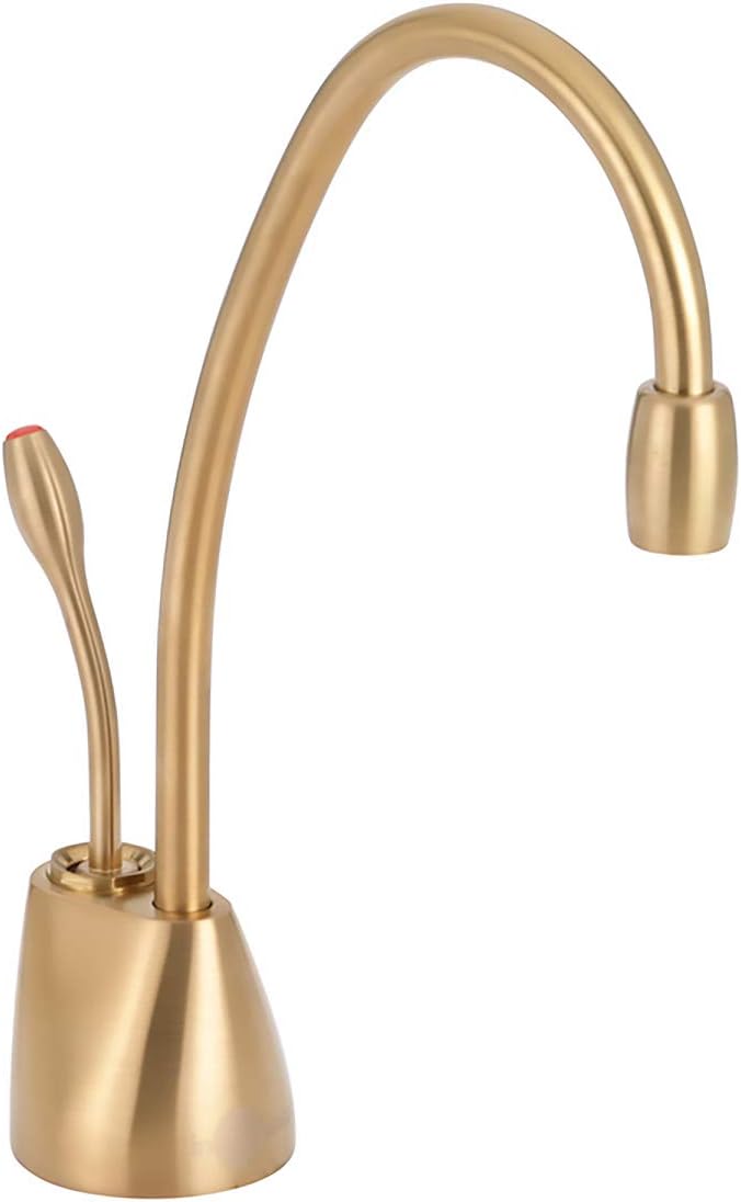 Brushed bronze instant hot water dispenser faucet with high curved spout and single lever handle.