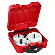 Red plastic case containing white bi-metal hole saws with black arbors and guides in various sizes.