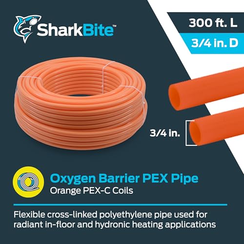 Coiled orange PEX-C pipe with 3/4-inch diameter and 300-foot length, shown with cross-section views of the pipe ends.