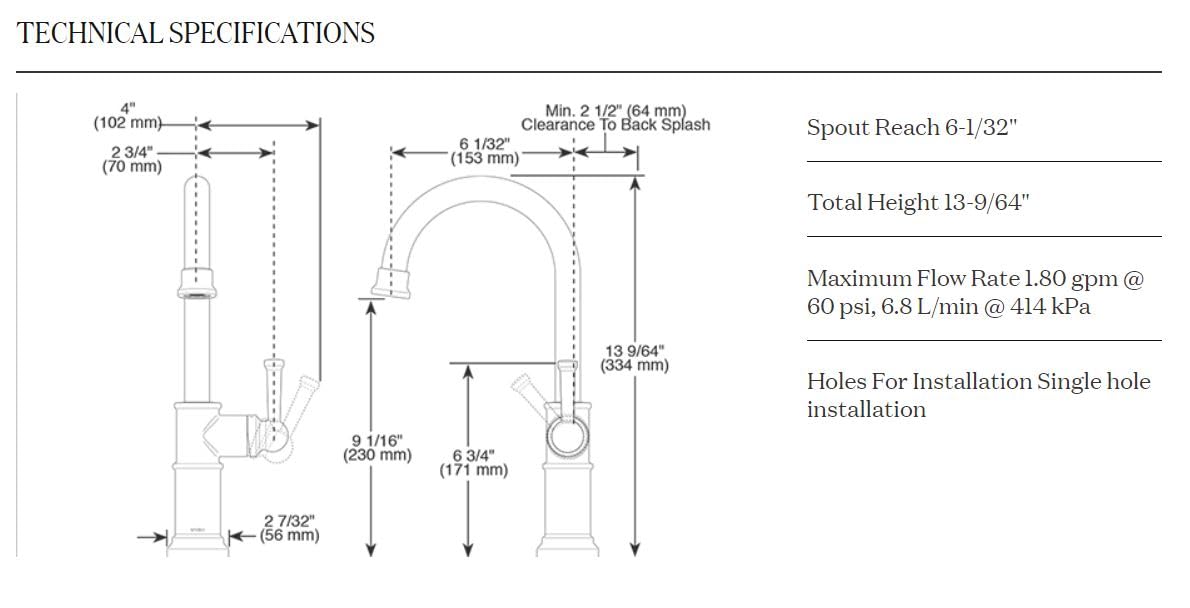 Chrome single handle bar faucet with curved spout and tall vertical handle, shown with technical dimensions and specification