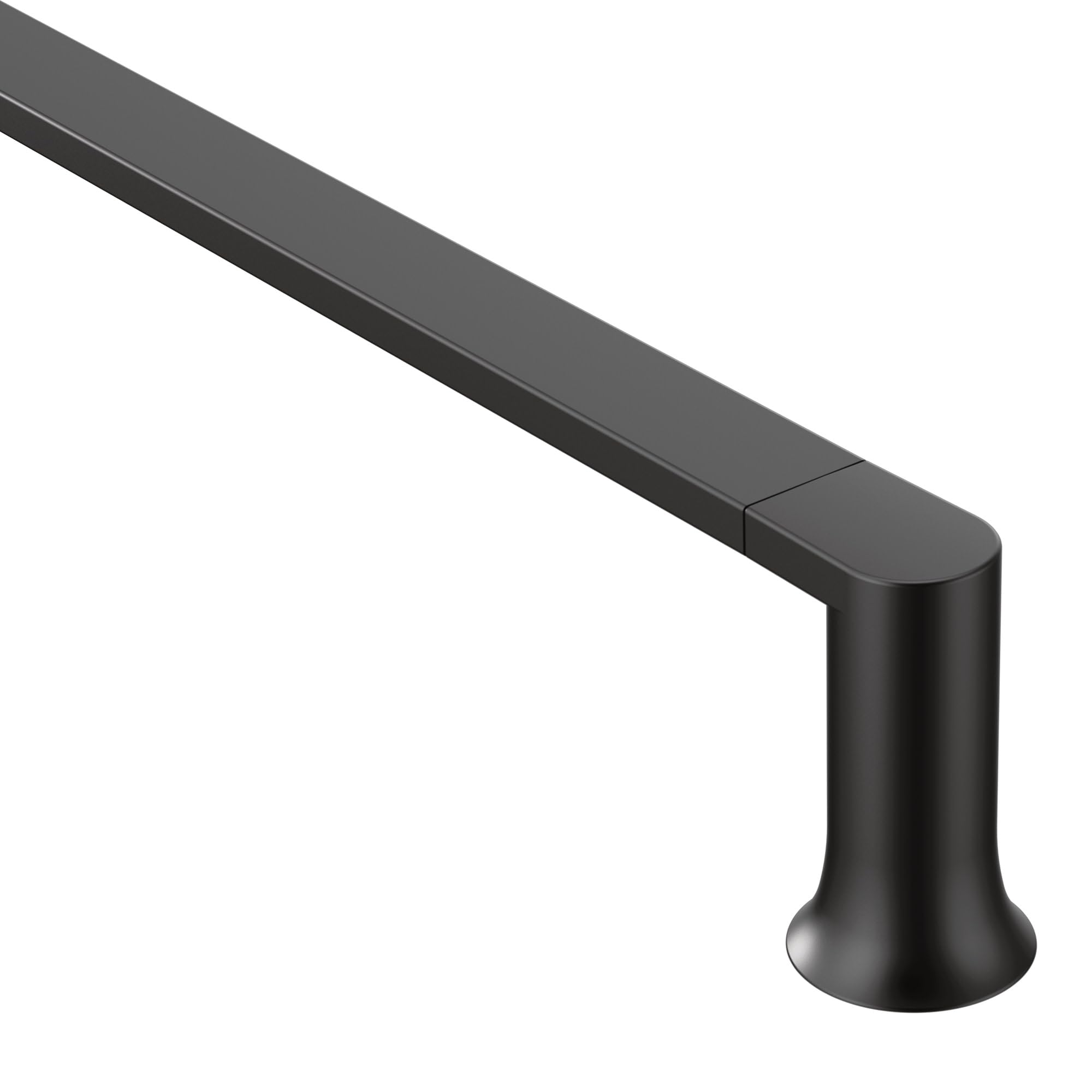 Black wall-mounted towel bar with rounded cylindrical end support and horizontal rail.