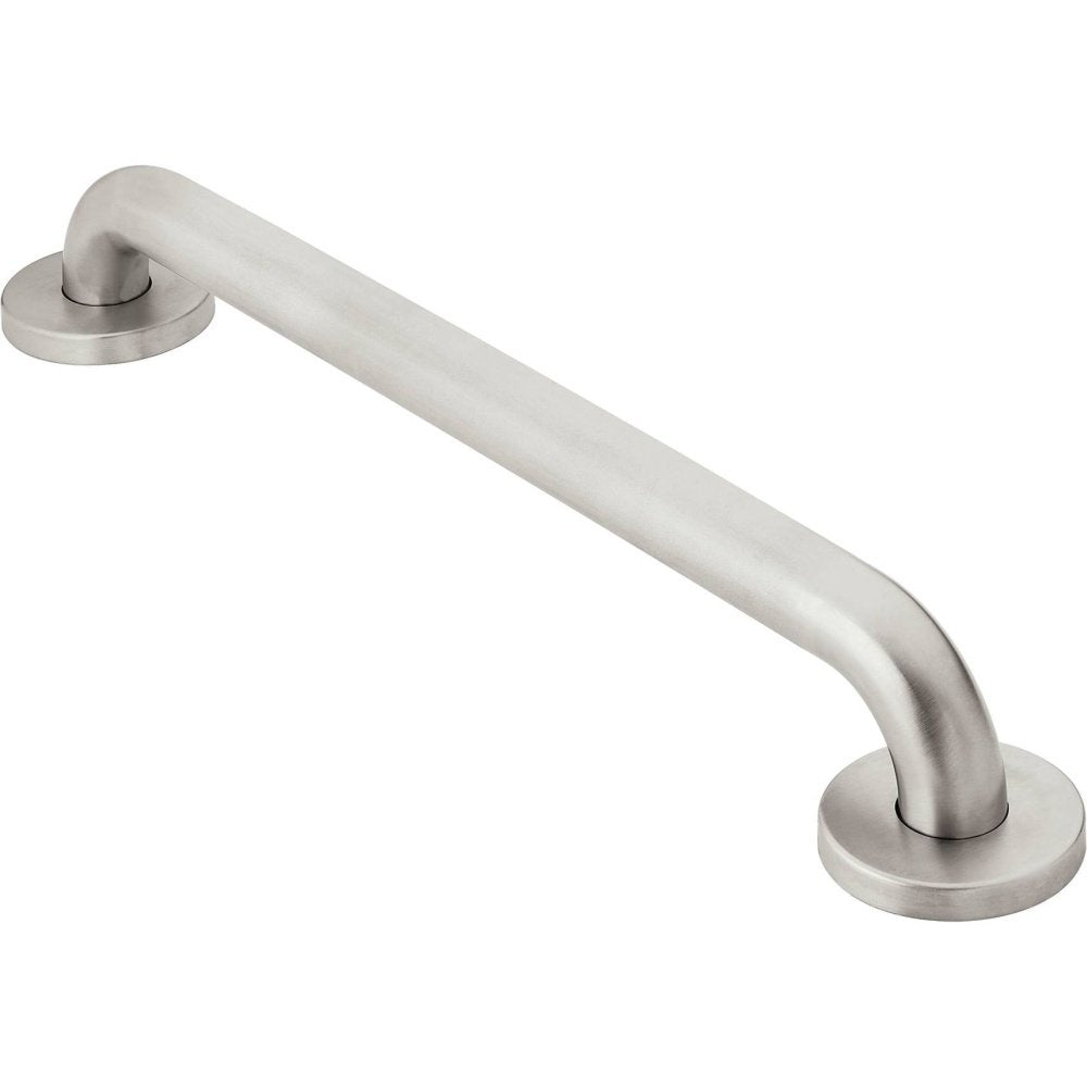 Stainless steel grab bar with peened finish and mounting flanges at each end.