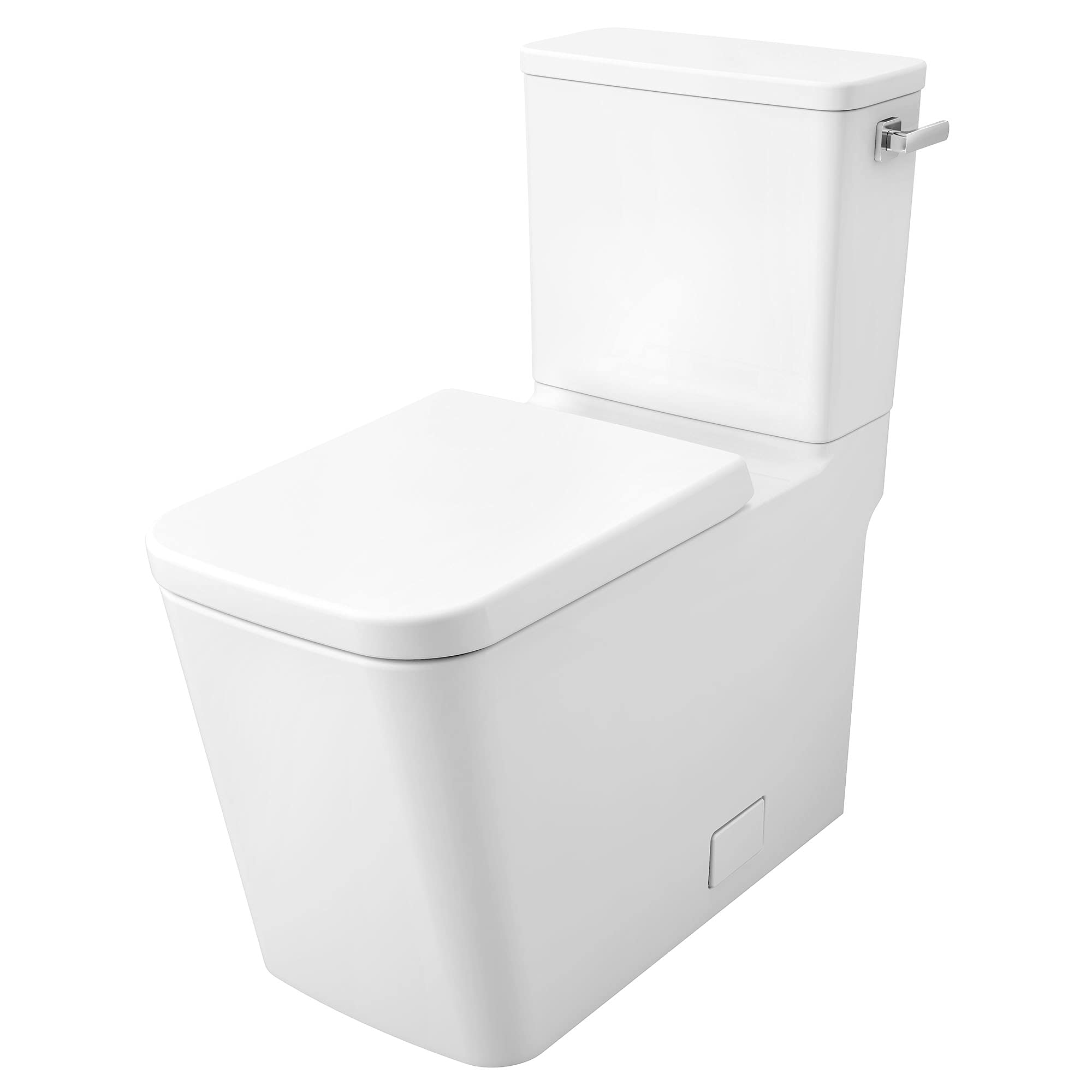 White two-piece elongated toilet with matching seat and tank featuring right-hand trip lever.