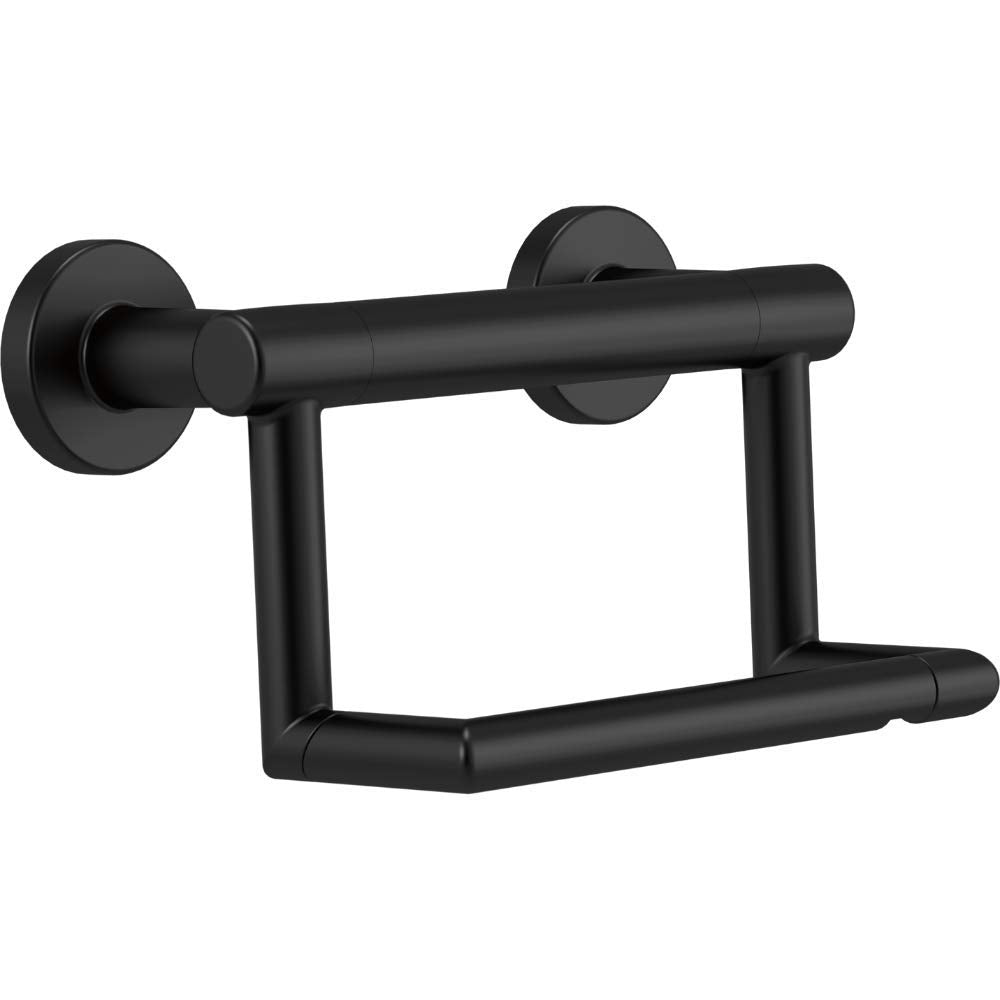 Black metal tissue holder with horizontal assist bar mounted on circular wall plates.