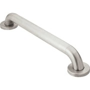 Stainless steel grab bar with peened finish and circular wall mounts on each end.