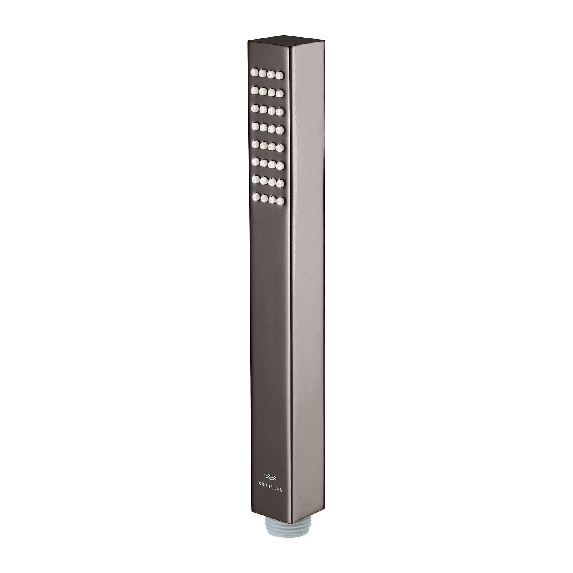 Dark gray rectangular hand shower with multiple spray nozzles on upper portion and threaded connector at base.