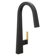 Matte black pull-down kitchen faucet with curved spout and gold accent handle.