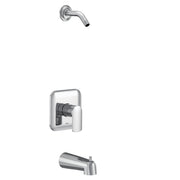 Chrome tub and shower trim kit with curved showerhead, single handle valve, and tub spout.