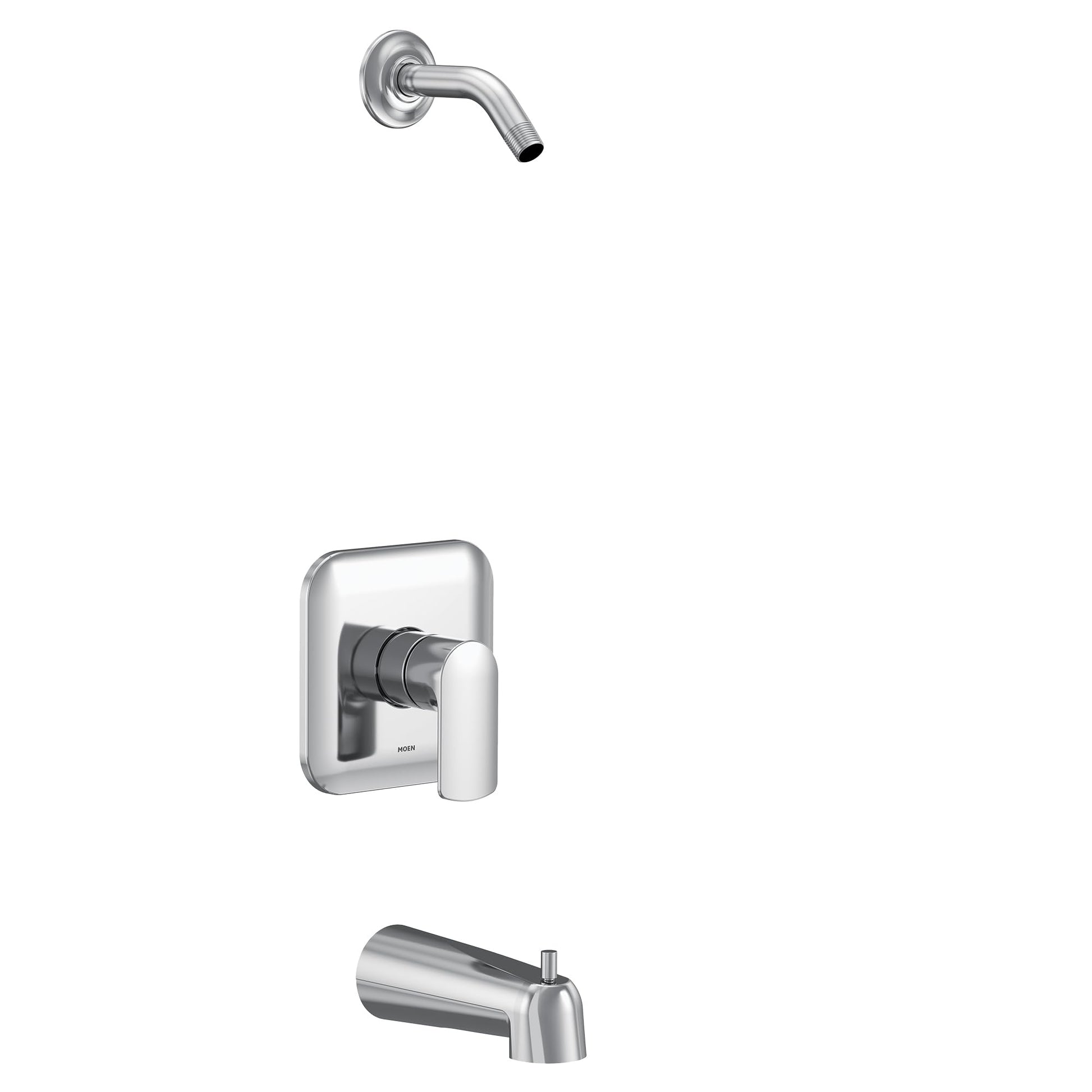 Chrome tub and shower trim kit with curved showerhead, single handle valve, and tub spout.