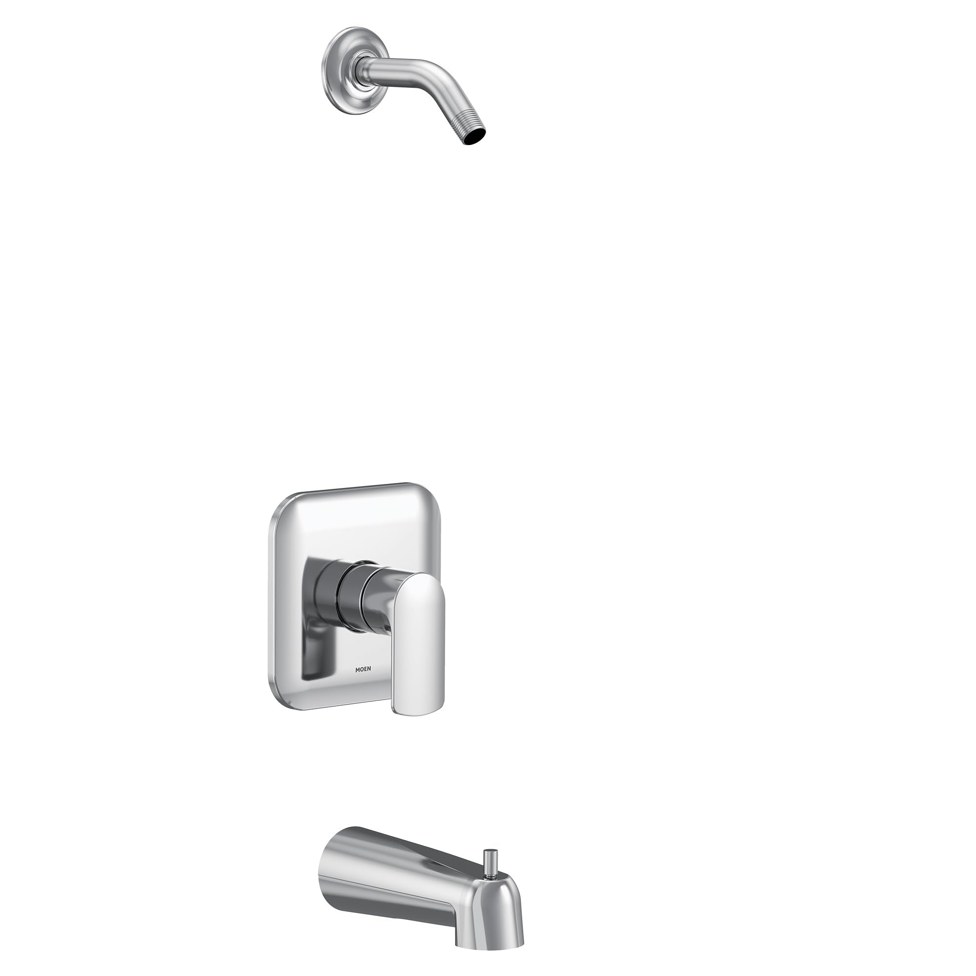 Chrome tub and shower trim kit with curved showerhead, single handle valve, and tub spout.