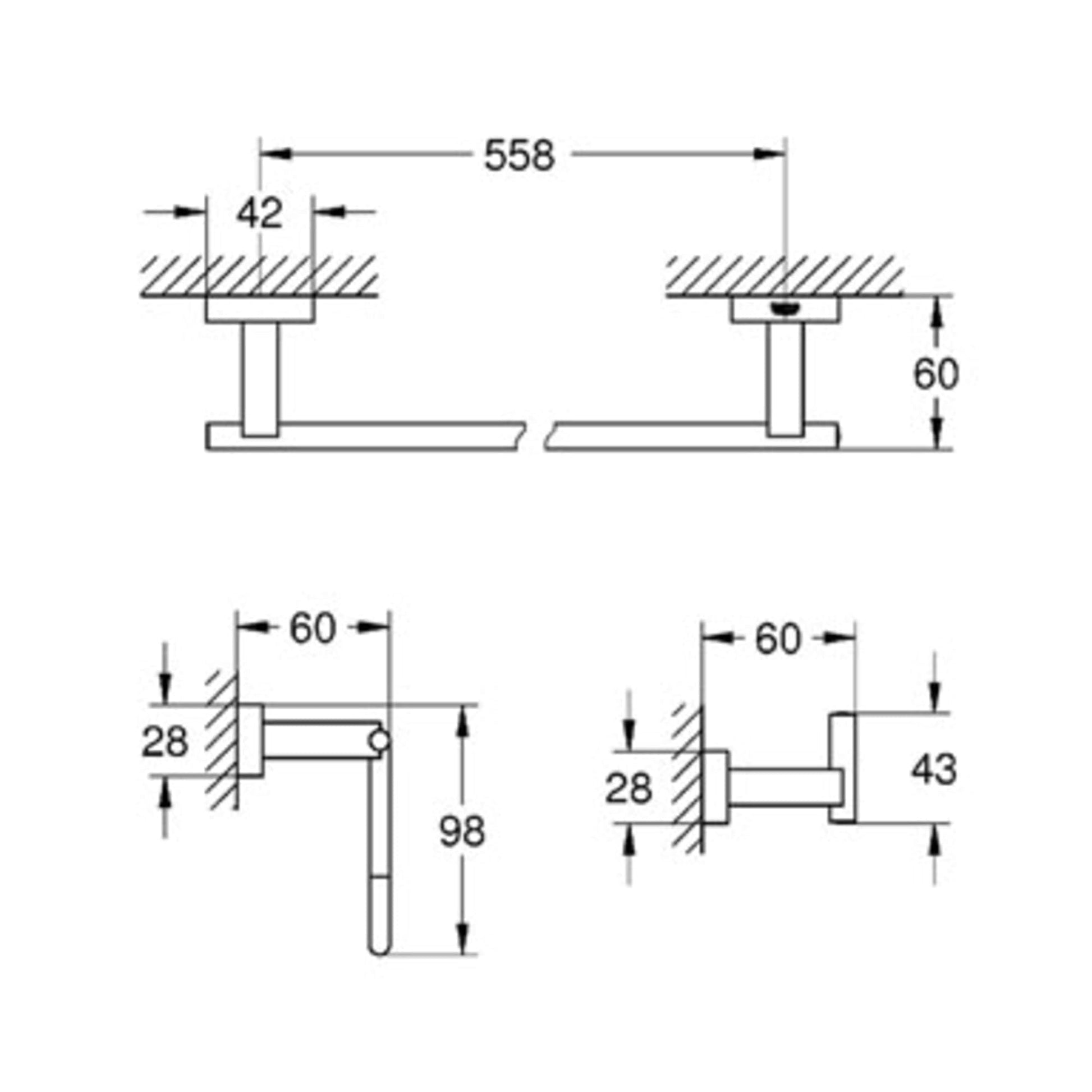 Technical drawings showing dimensions for three wall-mounted bathroom accessories with cube-shaped mounting brackets and meas