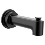 Matte black tub spout with diverter lever and circular wall flange mount.