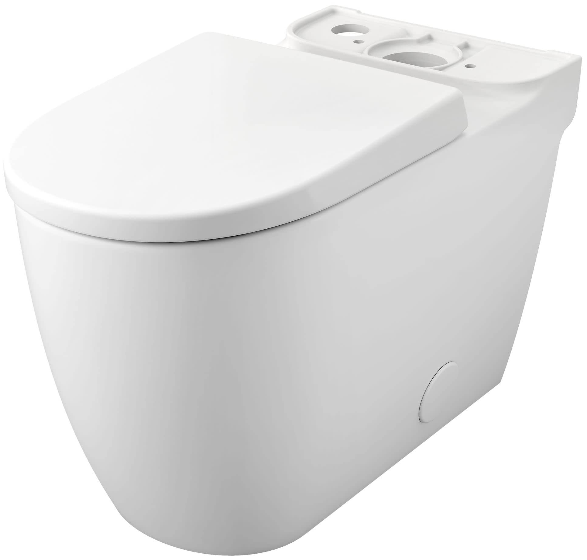 White elongated toilet bowl with closed seat and dual flush valve cutout on tank-less rim.
