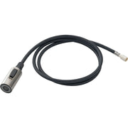 Stainless steel pull-down spray head with black braided hose and connector fitting.