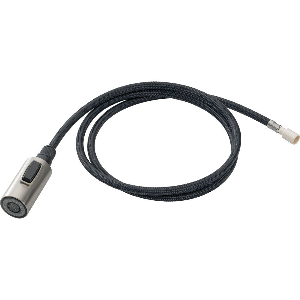 Stainless steel pull-down spray head with black braided hose and connector fitting.