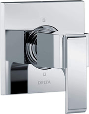 Chrome shower diverter trim with square escutcheon plate and lever handle.