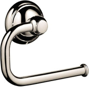 Polished nickel toilet paper holder with curved arm and circular wall mount bracket.
